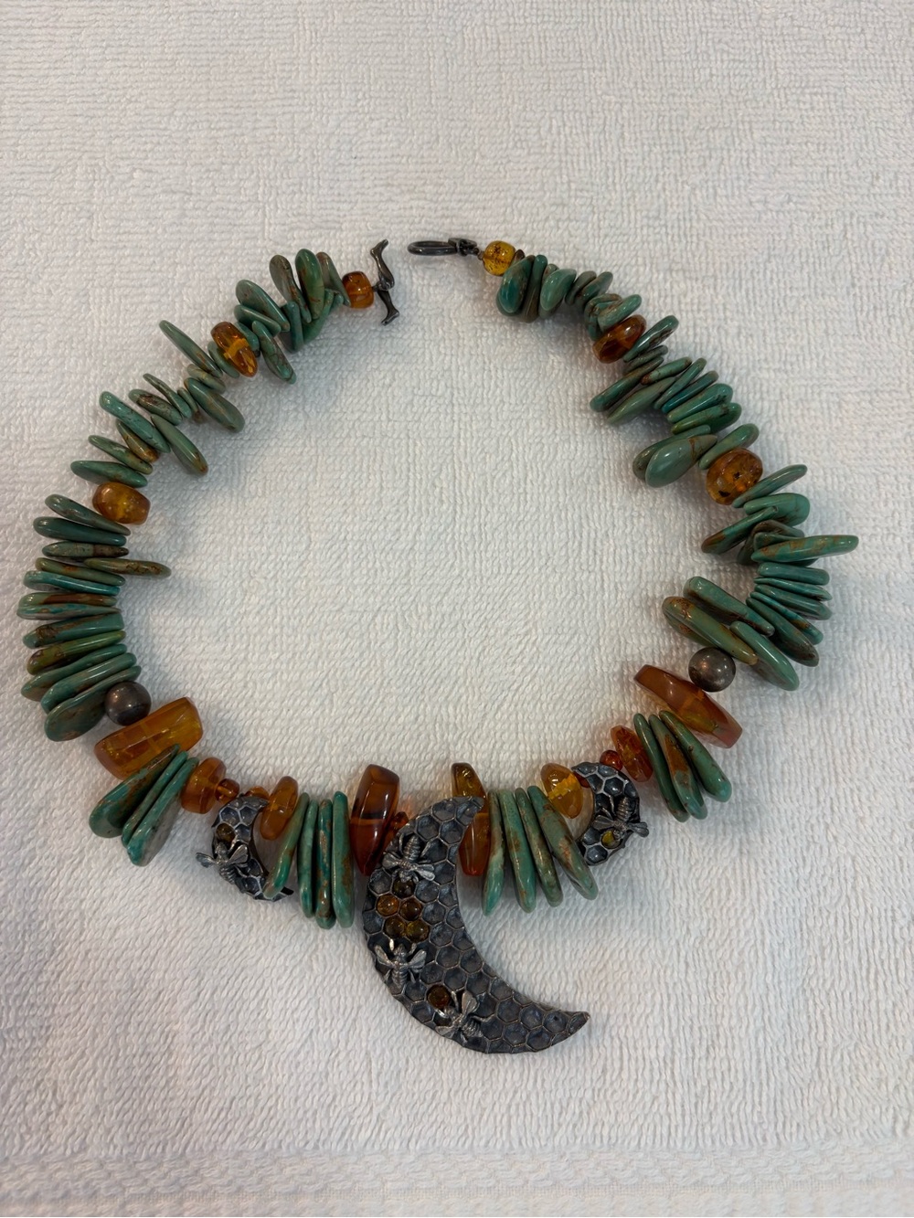 Turquoise and Amber Beaded Crescent Pendant Necklace